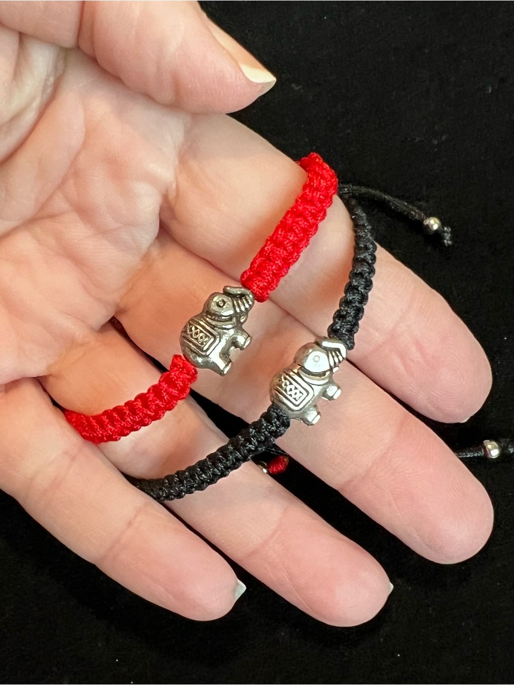 NEW Silver Elephant Bracelet Set of 2 Red Black Cord Stainless Steel Adjustable